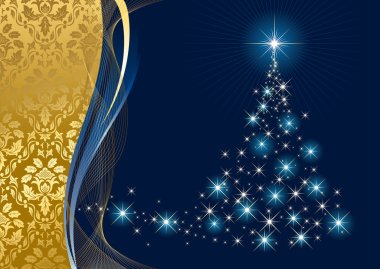 Christmas tree and stars on blue background clipart