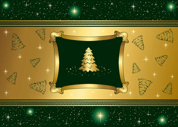 Sfondo verde con stelle e albero di Natale in oro — Vettoriale Stock