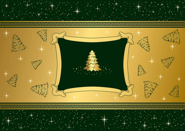 Grüner Hintergrund mit Sternen und goldenem Weihnachtsbaum — Stockvektor