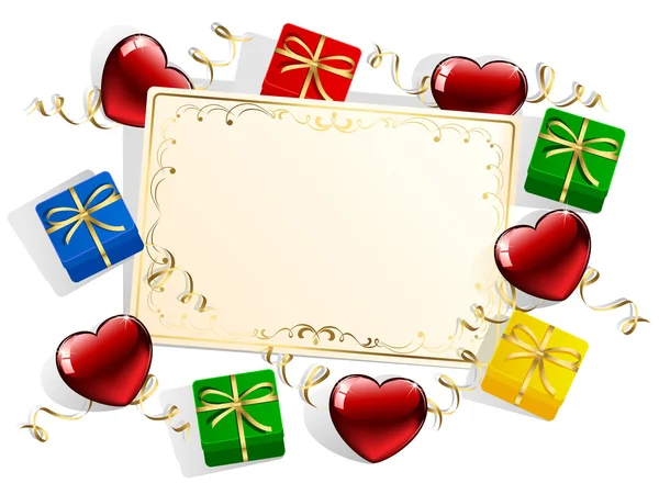 Tarjeta con cajas de regalo y corazones — Vector de stock