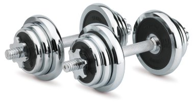 Pair of chrome dumbells isolated on white with a clipping path clipart