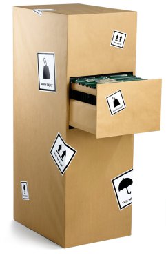 Filing cabinet wrapped in brown paper ready for a move isolated clipart