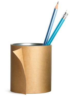 A desk penpot wrapped in brown paper ready for an office move is clipart