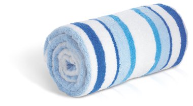 A rolled up blue and white seaside beach towel isolated on a wh clipart