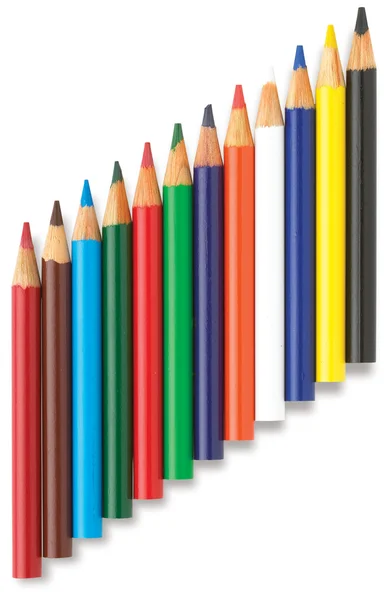 Angled row of colourful pencils isolated on a white background — Stock Photo, Image