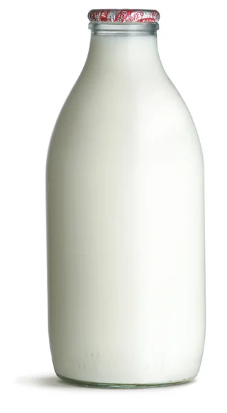 Frasco de leite de vidro tradicional isolado numa garrafa branca — Fotografia de Stock
