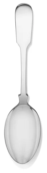 Overhead view of a silver chrome cutlery spoon isolated on a whi — Stock Photo, Image
