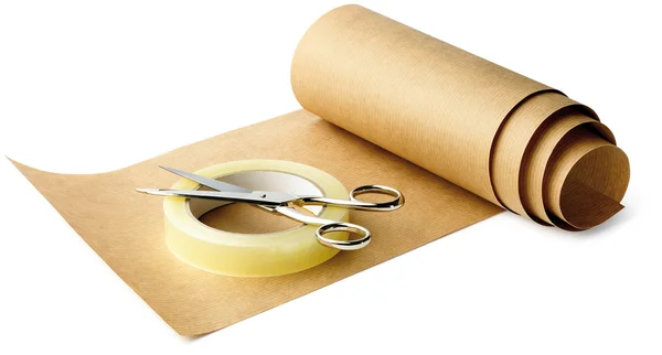 Brown paper,scissors and sticky tape ready for an office move i — Stock Photo, Image