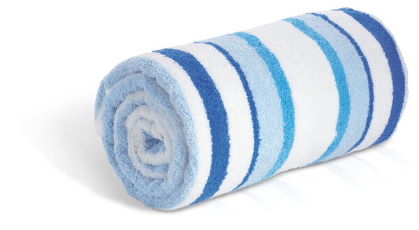A rolled up blue and white seaside beach towel isolated on a wh