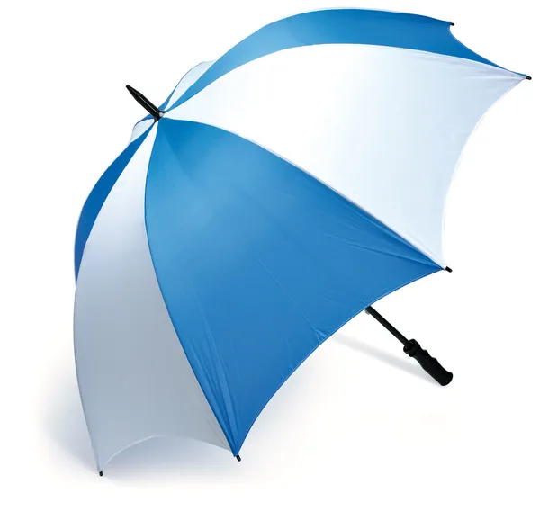 Beyaz bir arka plan ile izole mavi ve beyaz golf umbrella — Stok fotoğraf