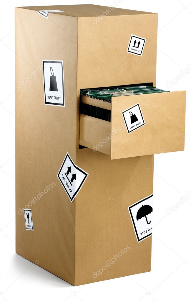 Filing cabinet wrapped in brown paper ready for a move isolated