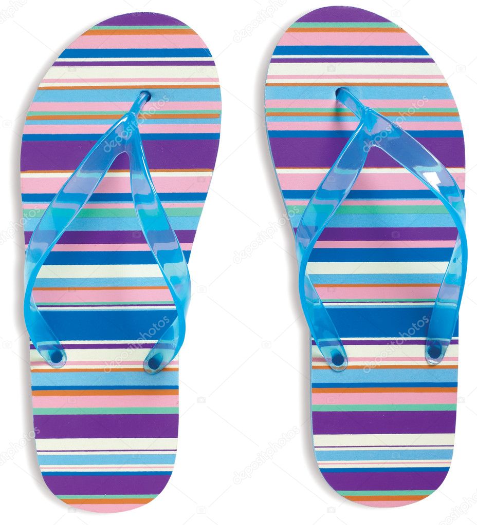 Pair of stripey flip flops isolated on a white background with c