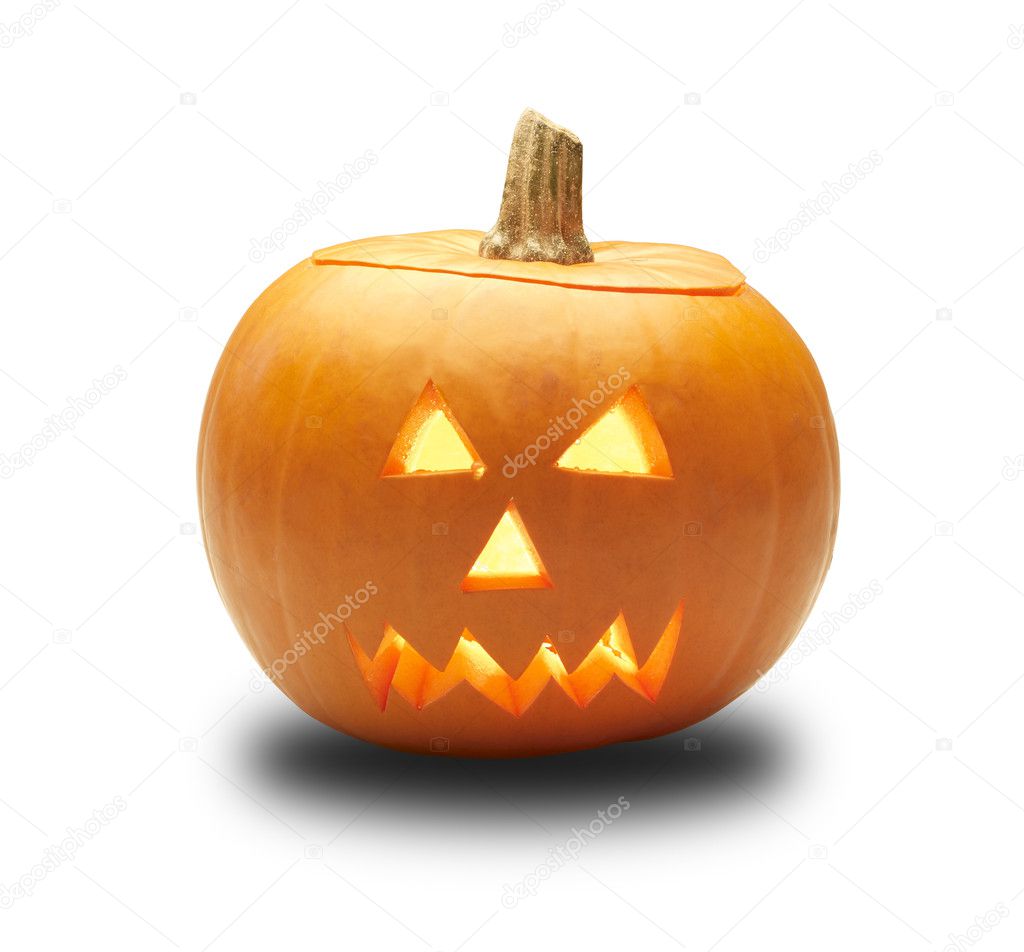 Cutout halloween lit glowing pumpkin turnip lantern isolated on