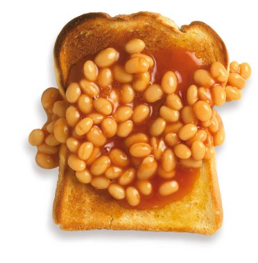 Overhead view of beans on toast isolated on a white background w clipart