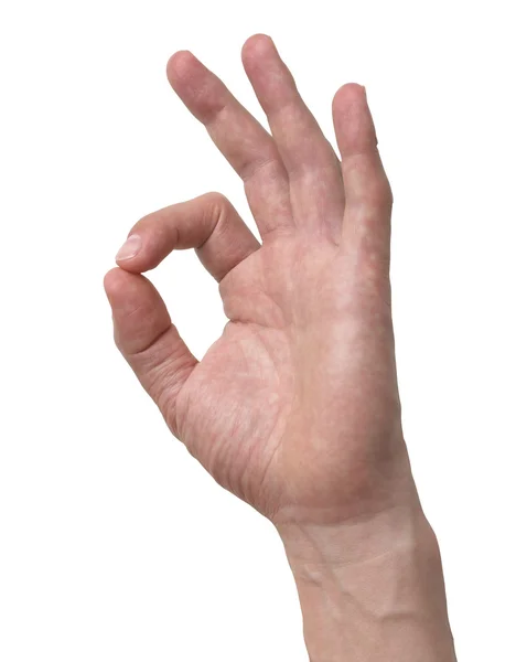 Mão humana assinar o um sinal ok isolado com caminho de recorte — Fotografia de Stock