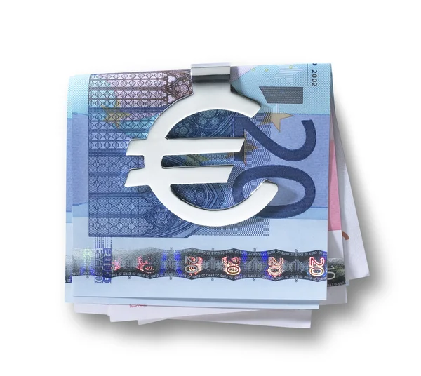 Clip de plata en euros y euros doblados con camino de recorte — Foto de Stock