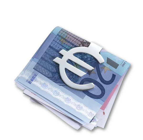 Silberner Euro-Geldclip und gefaltete Euros mit Clip-Pfad — Stockfoto
