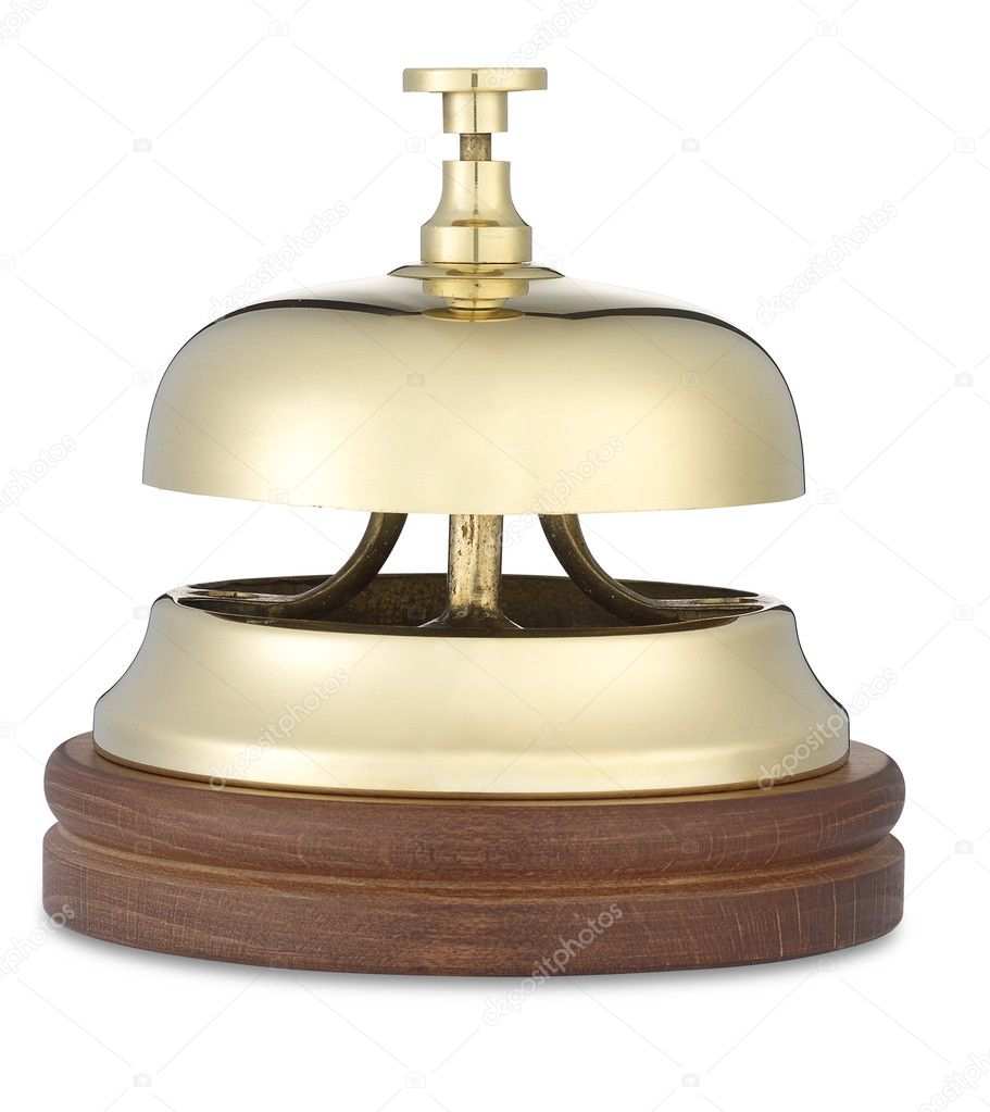 Brass hotel bell low angle on white with clipping path