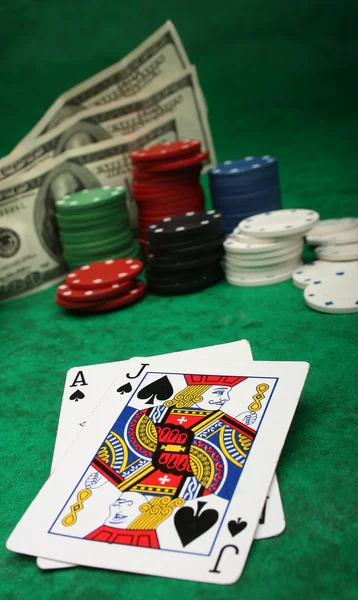 Blackjack with gambling chips — Stock Photo, Image