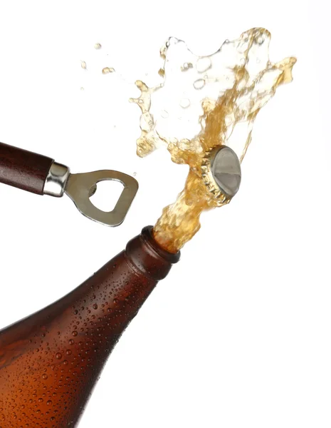 Opening a bottle of cold beer, splash image — Stock Photo, Image