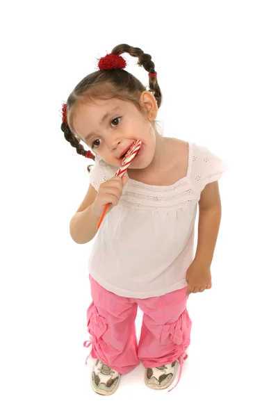 Kleinkind hält einen Lollypop mit verschiedenen Ausdrücken — Stockfoto