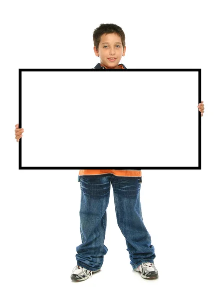Rapaz segurando um sinal em branco — Fotografia de Stock