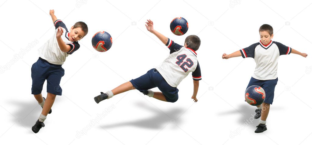 Kid playing soccer isolated