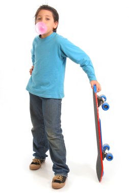 Boy blowing a bubble gum holding a skate clipart