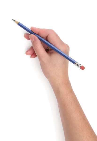 Writing hand with a blue pencil — Stock Photo, Image