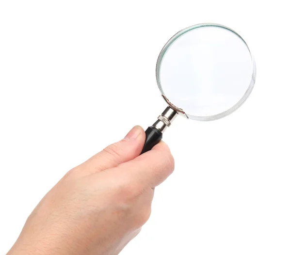 Hand holding a magnifying glass — Stock Photo, Image