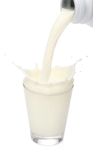 Fles gieten van melk in een glas. Splash — Stockfoto