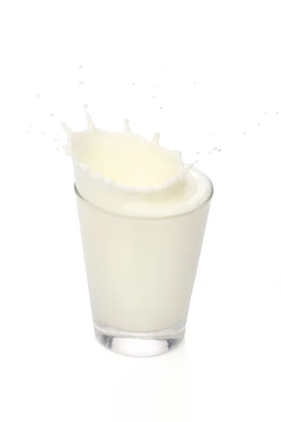 Latte splah su un bicchiere, su sfondo bianco — Foto Stock