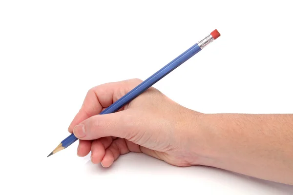 Schreibhand mit blauem Bleistift Stockbild