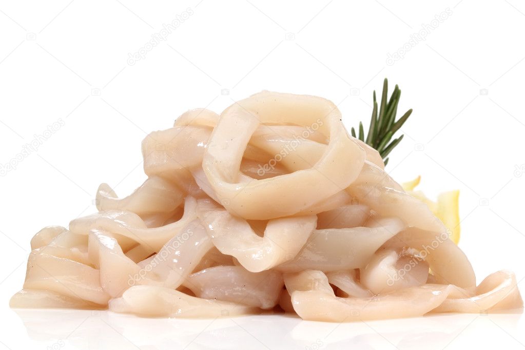 Pile of raw squid rings over white