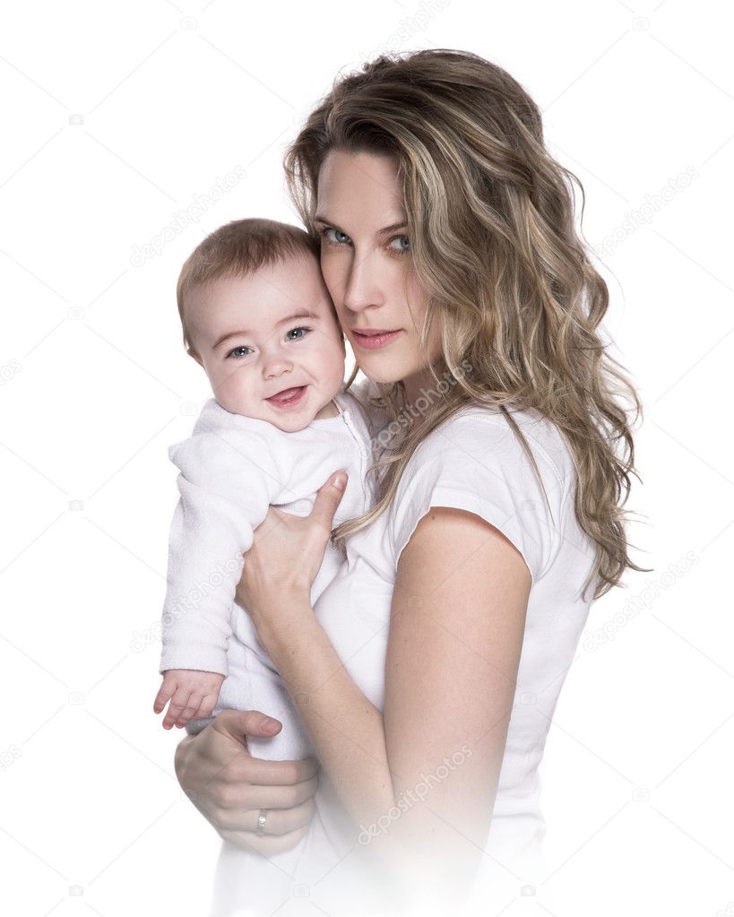 Young blonde mother, and her baby boy, white background
