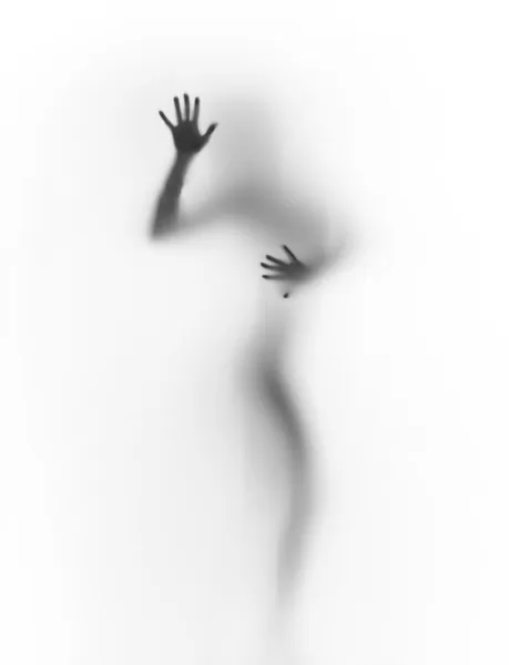 Silhouette del corpo umano dietro una tenda, mani e dita — Foto Stock