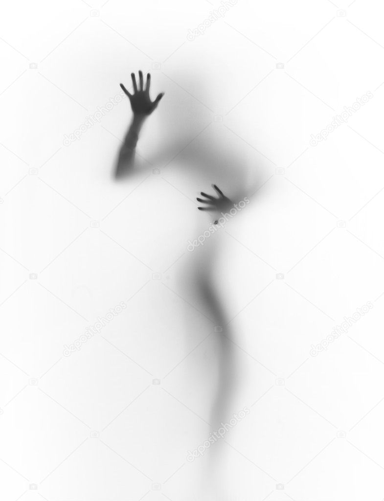Human body silhouette behind a curtain, hands and fingers