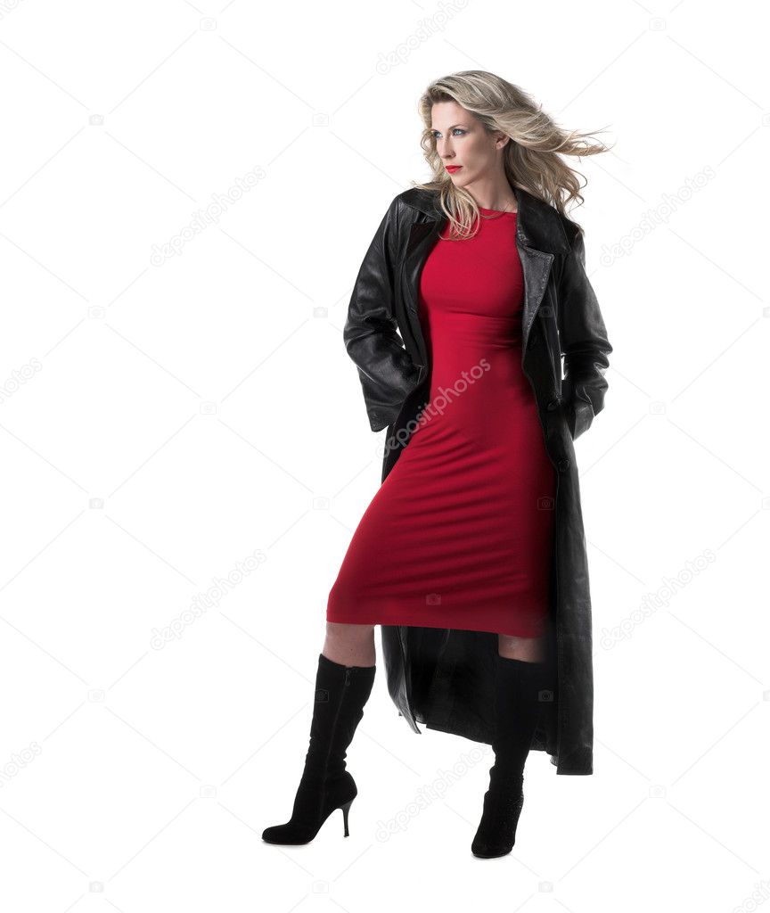 Beautiful, slim blonde woman, red black leather coat Stock Photo by ©belphnaque 10538406