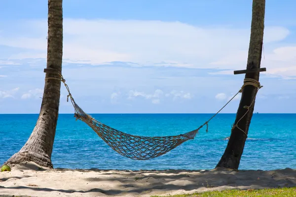 Vista de praia de areia tropical agradável vazio com alguma palma e rede — Fotografia de Stock