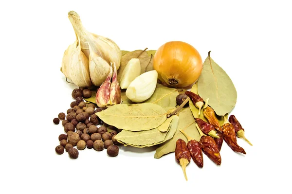 Laurel, onion, garlic, peper — Stock Photo, Image