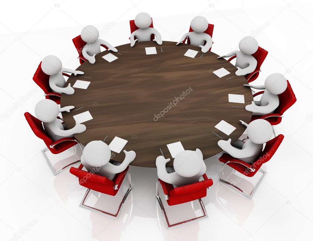 Business Meeting At A Round Table Stock Photo Weissdesign Overhead View Of 3d Cartoon Characters Holding A Business Meeting Seated Around Round Table Photo By Weissdesign