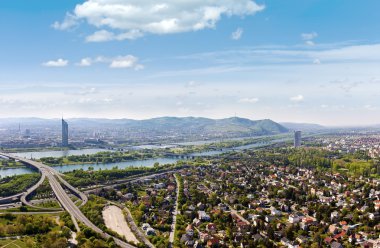 Panorama of Vienna with Danube River & Island (Donauinsel), highway junction clipart