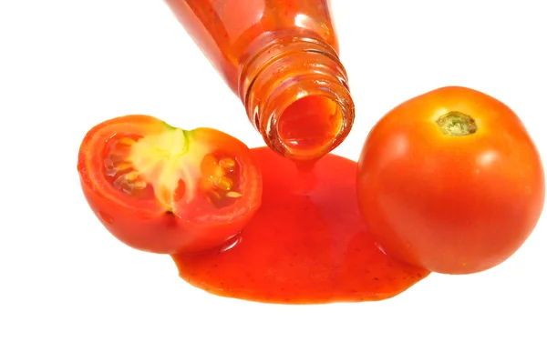 Tomatoes, sauce and sauce bottle — Stock Photo, Image
