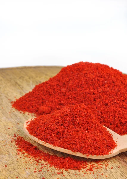 Peperoncino rosso in polvere in cucchiaio di legno — Foto Stock