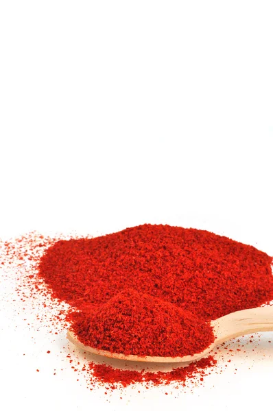 Red chili powder in wooden spoon — Stock Photo, Image