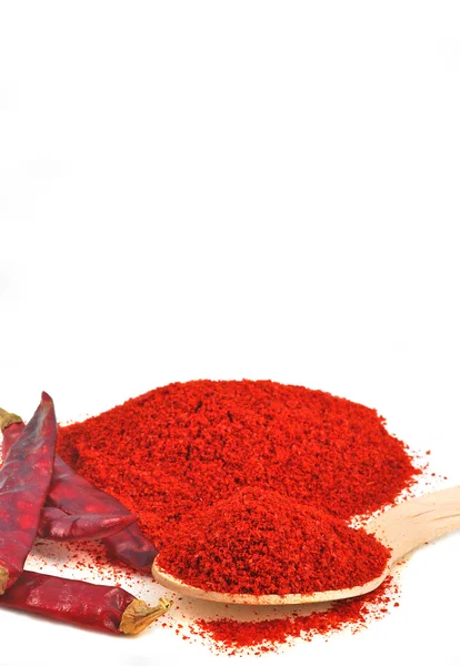 Red chili powder in wooden spoon — Stock Photo, Image