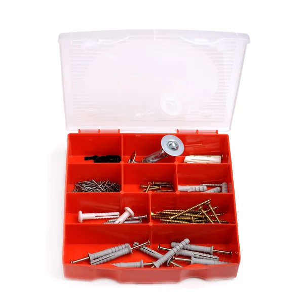 stock image Red box of screws and wall fixings