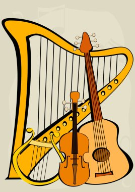 Violin, quitar, lyre, harp and notes clipart