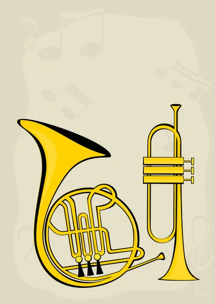 Fransız kornosu, trompet ve notlar — Stok Vektör