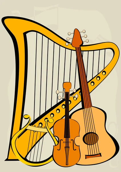 Geige, Quitar, Leier, Harfe und Noten — Stockvektor